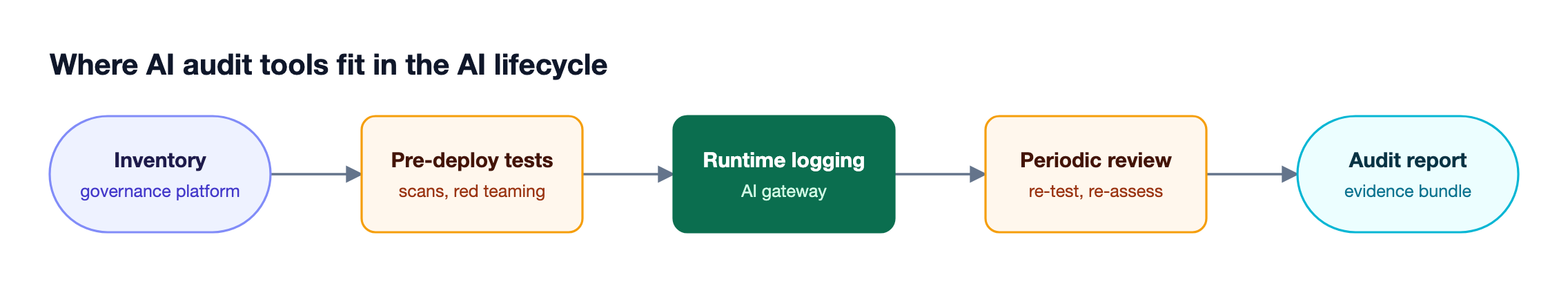 Five lifecycle stages run left to right: inventory, pre-deployment testing, runtime logging, periodic review, and audit report, with the tool type used at each stage