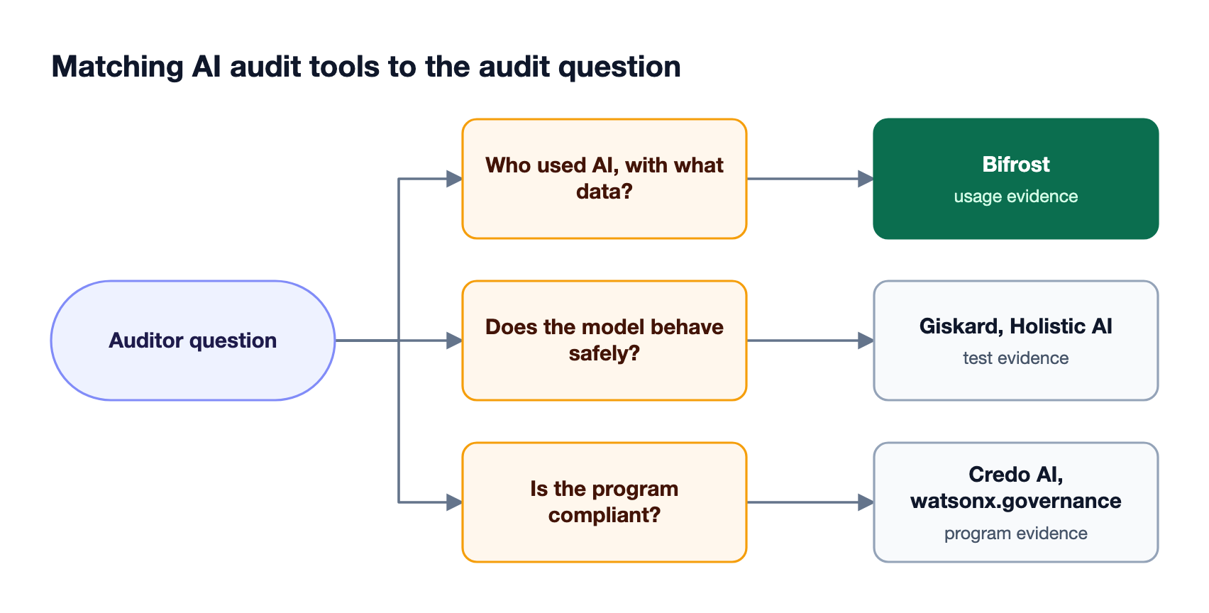 Decision flow mapping three audit questions to tool types: usage questions to the Bifrost gateway, behavior questions to testing tools, and program questions to governance platforms