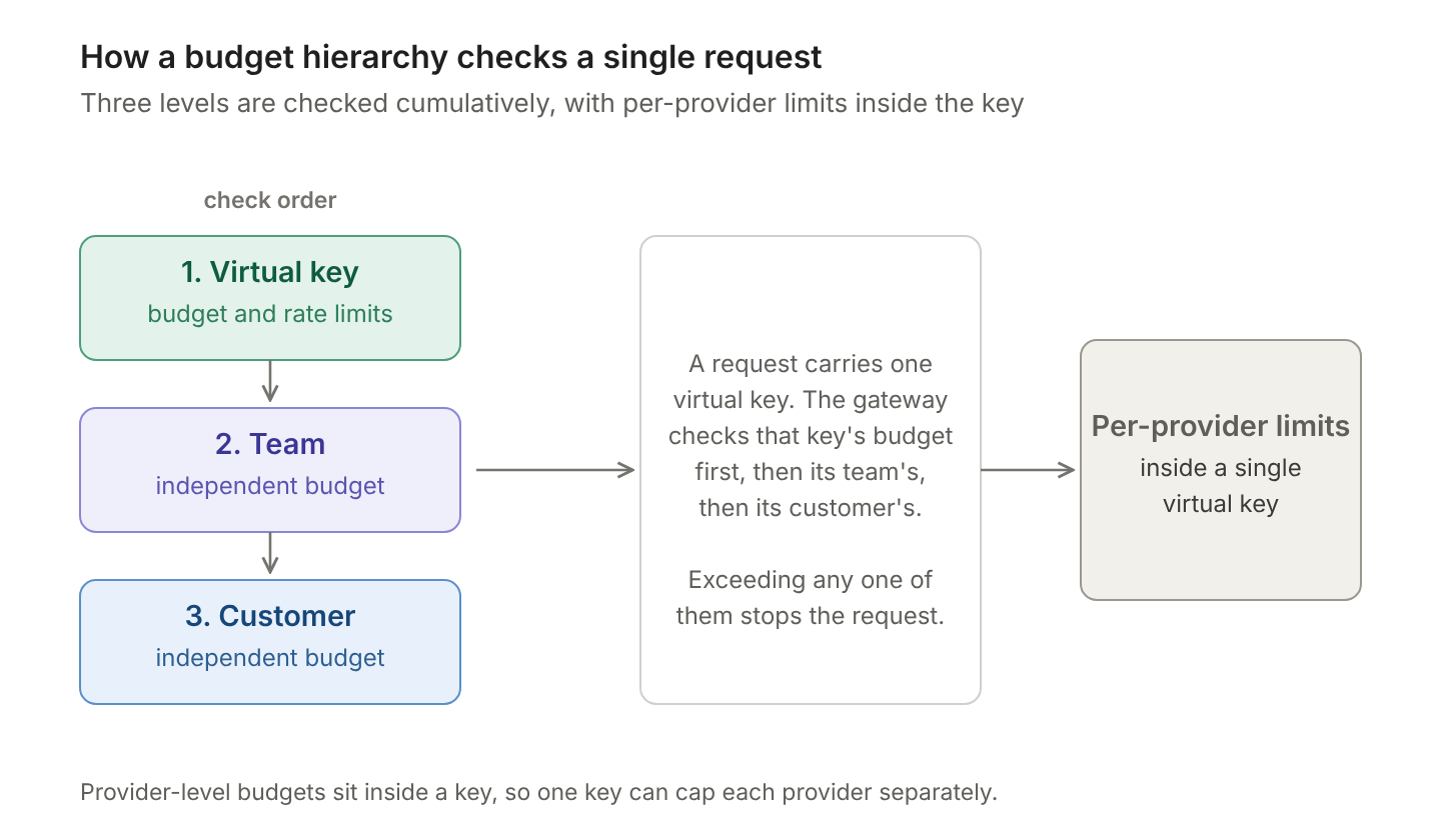 Virtual key, team, and customer budgets checked in order, with per-provider limits applying inside the key
