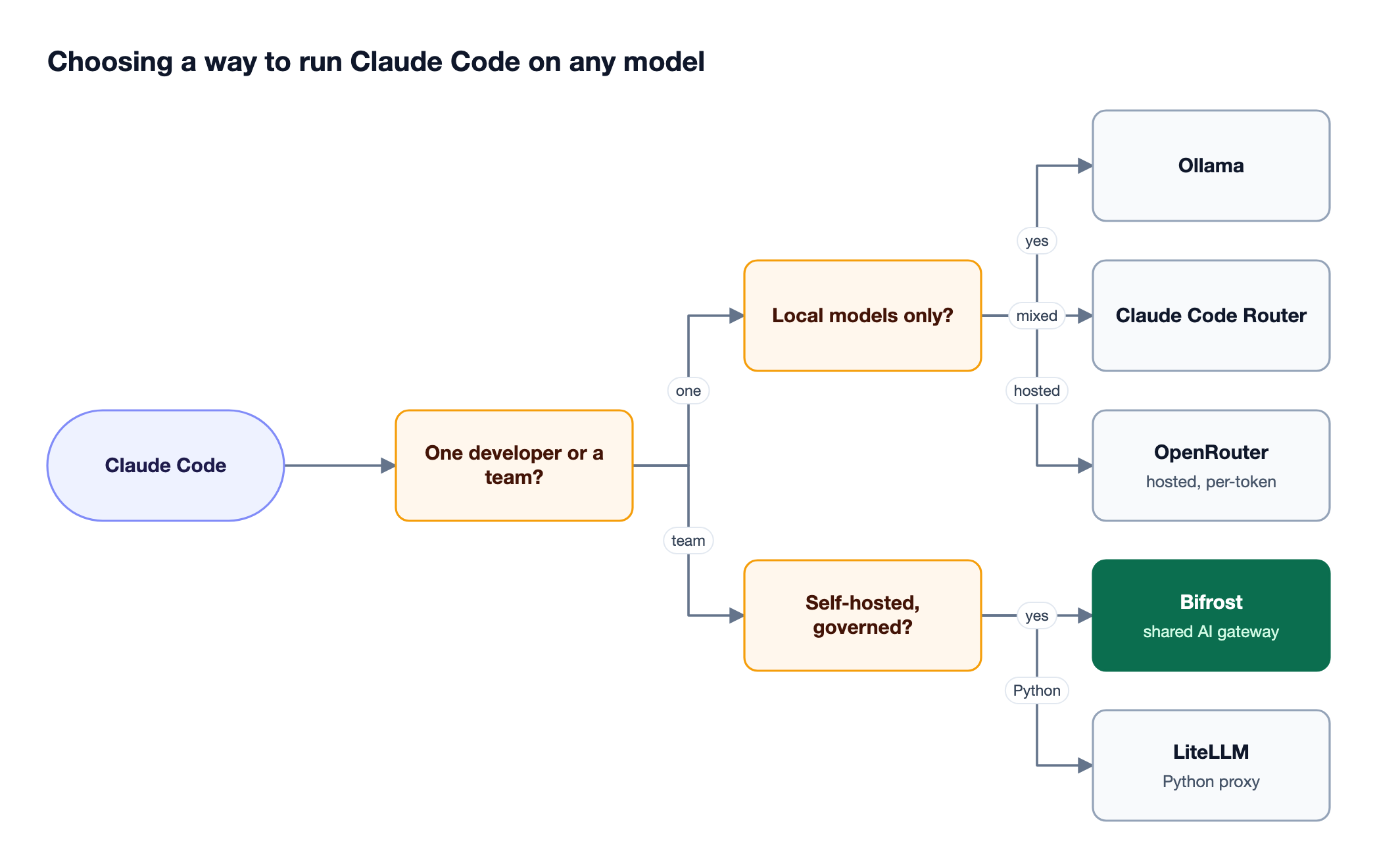 Decision flow asking whether Claude Code serves one developer or a team, and whether models are local or hosted, leading to Ollama, Claude Code Router, OpenRouter, LiteLLM, or Bifrost