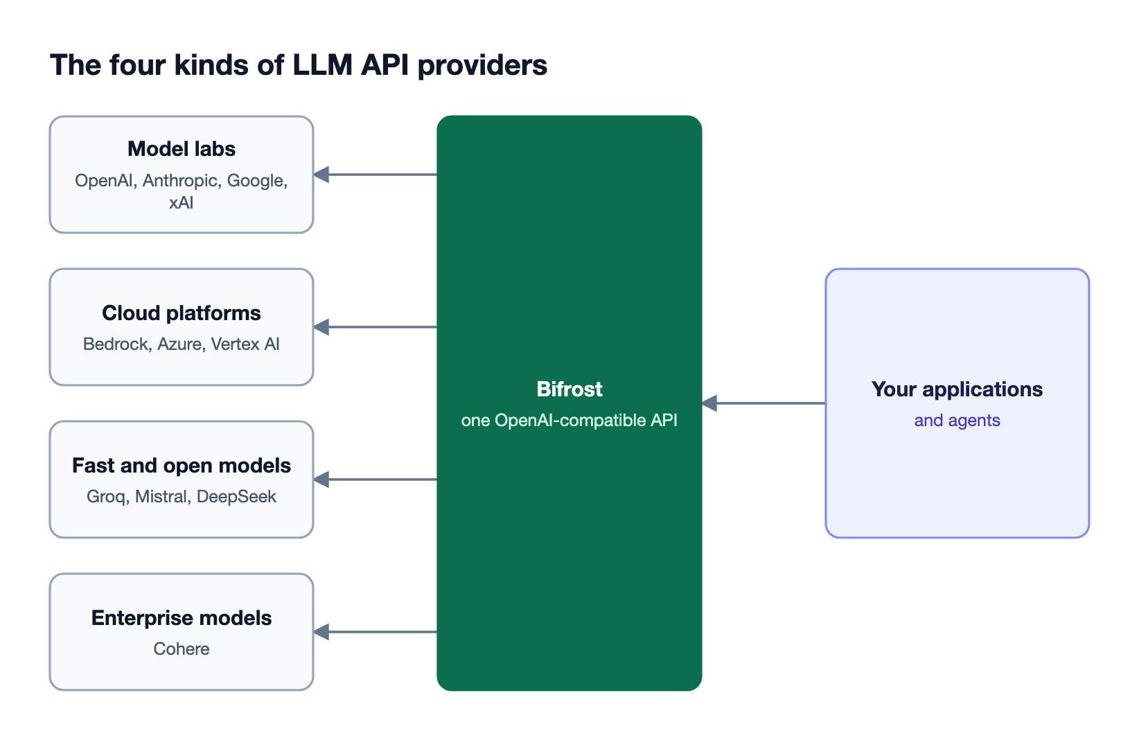 Ten LLM API providers grouped as model labs, cloud platforms, fast and open-model inference, and enterprise models, all reachable through the Bifrost AI gateway