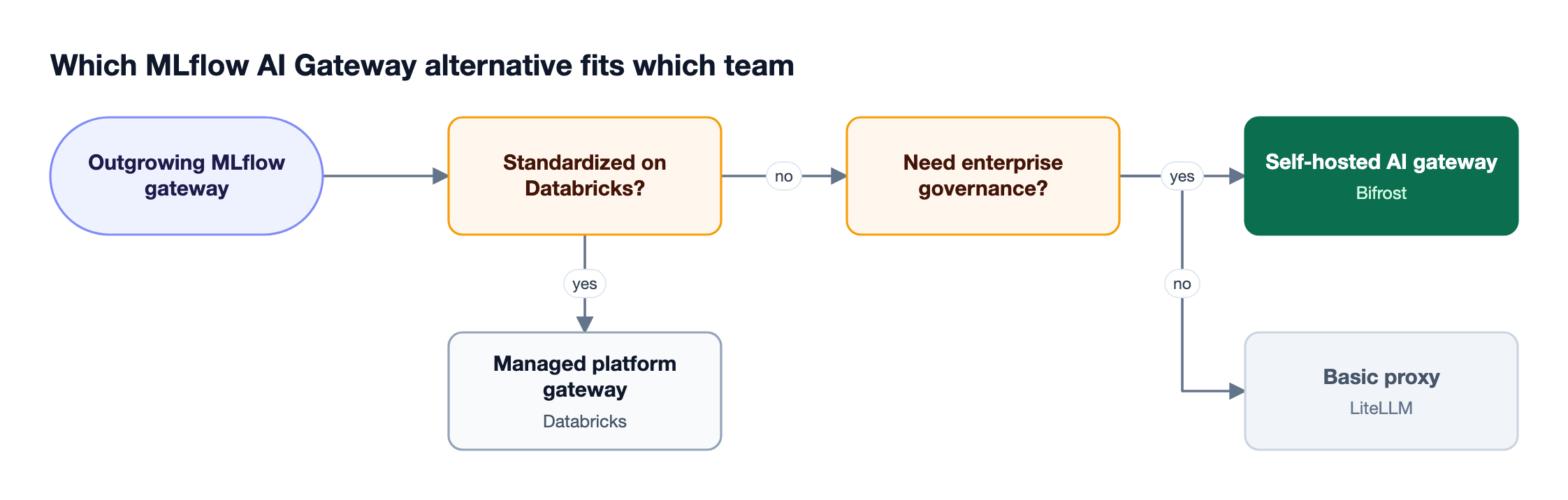 Decision flow asking whether the team is on Databricks and whether it needs a self-hosted gateway with enterprise governance, leading to Databricks, Bifrost, or a basic proxy